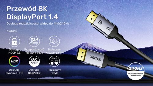 Unitek kabel DisplayPort 1.4 8k 60hz, 4k 240hz, HDR, HDCP 2.3, DSC 1.2, 2m na Arena.pl
