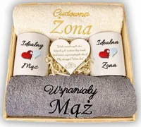 PREZENT NA ŚLUB ZESTAW ŚLUBNY WESELE RĘCZNIKI KUBKI DLA PARY MŁODEJ ŻONA