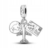 Zawieszka SREBRO 925 Charms Koralik Samolot Glob Pocztówka Wakacje Podróż