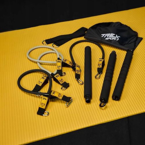 Drążek do ćwiczeń pilatesu kij 4x gumy oporowe ekspandery z drążkiem TREX na Arena.pl