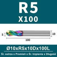 Frez kulowy, kula 2-ostrzowy VHM powłoka DLC Rozmiar: Ø10.0xR5x10Dx100L