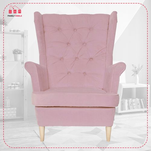Fotel uszak Gaja z podnóżkiem skandynawski Family Meble z pufką różowy na Arena.pl