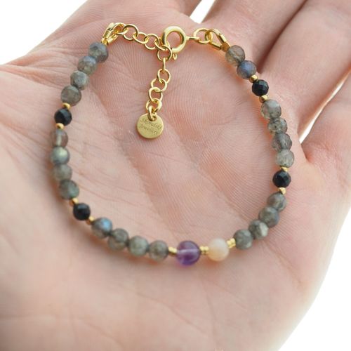 Bransoletka mix - Turmalin, ametyst, kwarc różowy, labradoryt i srebro złocone na Arena.pl