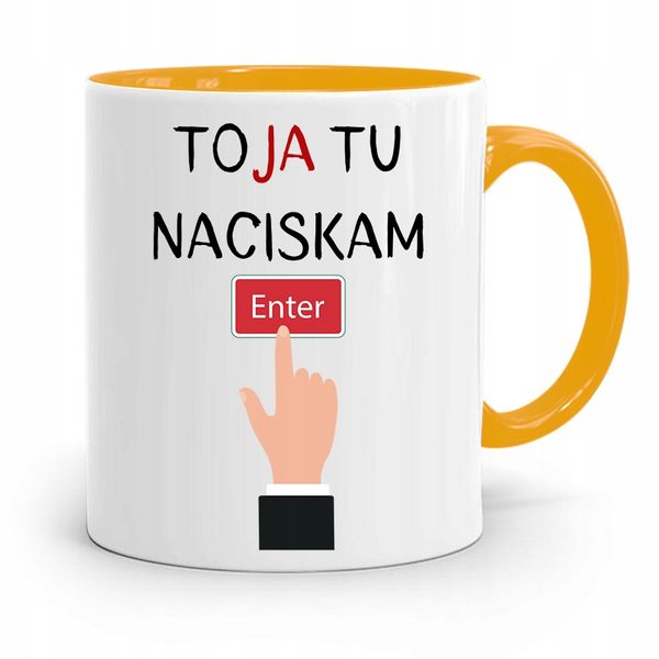 Kubek Żółty Informatyka Programisty Naciskam Enter Z Nadrukiem Ze Zdjęciem zdjęcie 1
