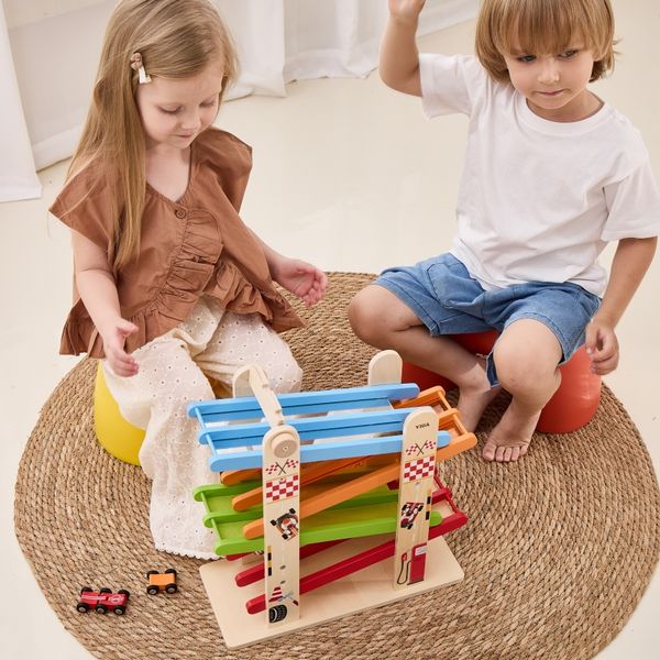 VIGA Drewniana Podwójna Zjeżdżalnia Dla Samochodzików Tor Wyścigowy zdjęcie 11