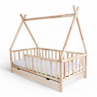 ŁÓŻKO TIPI Z SZUFLADĄ 140x70 ŁÓŻKO DZIECIĘCE BARIERKA + STELAŻ SOSNA