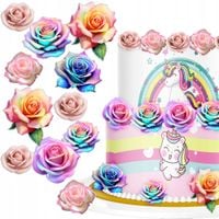 Waflowe kolorowe KWIATKI RÓŻE na tort, jadalna OZDOBA DEKORACJA - 32 szt.