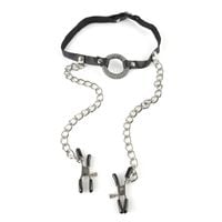 Uprząż O-Ring Gag Z Klamrami Na Sutki I Obrożą - Zestaw Set