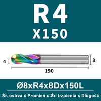 Frez kulowy, kula 2-ostrzowy VHM powłoka DLC Rozmiar: Ø8.0xR4x8Dx150L