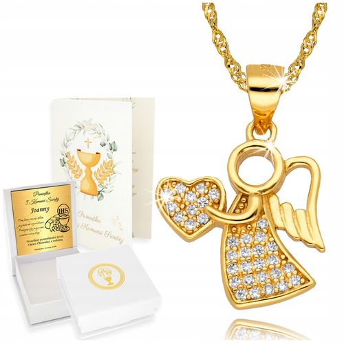 Złoty Łańcuszek 925 Medalik Aniołek z Sercem Chrzest Komunia Grawer na Arena.pl