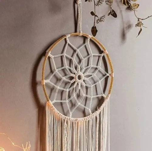 MAKRAMA NA ŚCIANĘ BOHO ŁAPACZ SNÓW OZDOBA ŚCIENNA ZE SZNURKA LIŚCIE OZDOBNE na Arena.pl