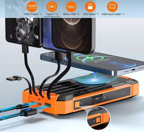 POWERBANK ŁADOWARKA PANEL SOLARNY INDUKCYJNY 30000mAh 6xUSB LATARKA 2x LED na Arena.pl