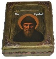 Ikona Święty Charbel Szarbel wgłębienie kowczeg okuta paskiem miedzianym