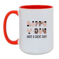 KUBEK „HAPPY V-DAY HAVE A GREAT DAY” Wzór - Duży Biało-Czerwony 450 ml