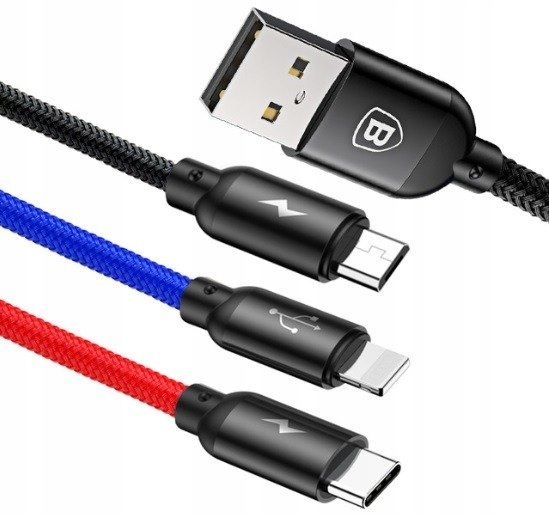 BASEUS MOCNY KABEL USB PRZEWÓD 3W1 DO IPHONE MICRO TYP-C USB-C 3.5A 30CM zdjęcie 1