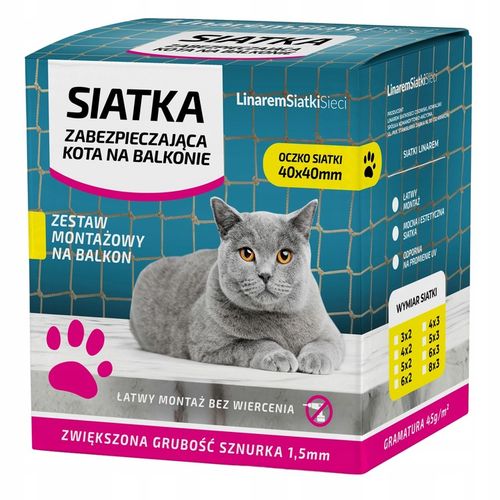 ZESTAW 8x3 GRUBA SIATKA DLA KOTA 1,5mm NA BALKON OKO 40mm BEZ WIERCENIA na Arena.pl