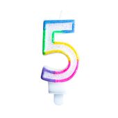 świeczka tęczowa, brokat cyferka "5"