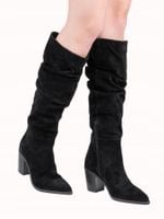 Czarne zamszowe Kozaki do kolan luźne na klockowym obcasie Off The Hook