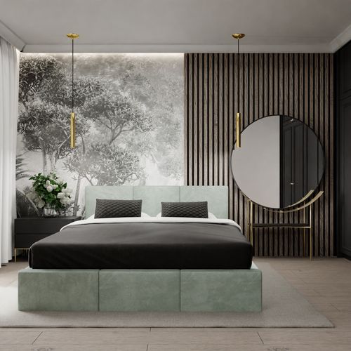 ŁÓŻKO TAPICEROWANE DO SYPIALNI 160x200 ŁÓŻKO PODWÓJNE Z POJEMNIKIEM MIĘTOWE na Arena.pl