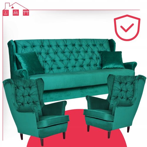 ZIELONY zestaw wypoczynkowy USZAK wersalka 2 fotele Gaja Family Meble na Arena.pl