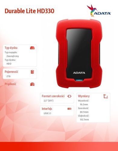 Adata Durable Lite HD330 2TB 2.5'' USB3.1 Czerwony na Arena.pl