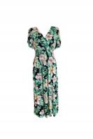 Elastyczna Maxi Długa Sukienka W Kwiaty Gumka W Talii Czarny Z Zielonym S/M