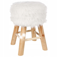 TABORET OKRĄGŁY Z POLIESTRU FUTRZANE SIEDZISKO DREWNO SOSNOWE 42 CM 30 CM
