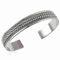 ELEGANCKA OKSYDOWANA SZEROKA SZTYWNA SREBRNA BRANSOLETA 11MM WZÓR WARKOCZ