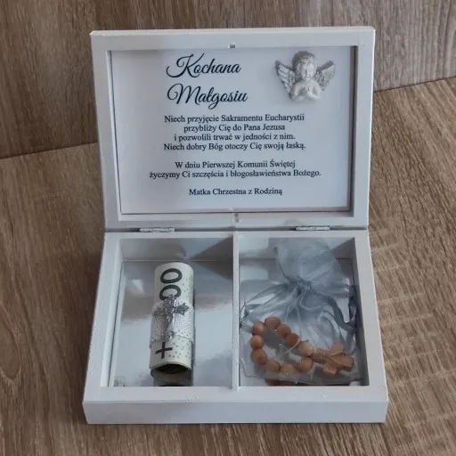 Pudełko na pieniądze prezent Pamiątka I Komunii chrzestnej dziadków aniołek zdjęcie 5