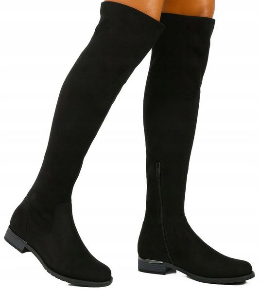 9078 CZARNE KOZAKI ZA KOLANO ZAMSZOWE WYSOKIE KLASYCZNE PŁASKI OBCAS zdjęcie 3
