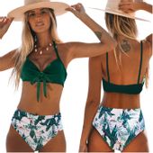 DWUCZĘŚCIOWY STRÓJ KĄPIELOWY Z WYSOKIM STANEM ZIELONY LIŚCIE DAMSKI L