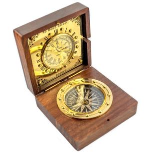 Mosiężny zegar i kompas HISTORY w pudełku drewnianym