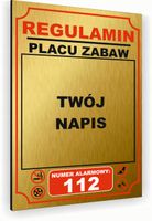 Tabliczka znak informacyjny 30x20 Złota REGULAMIN PLACU ZABAW Nierdzewna