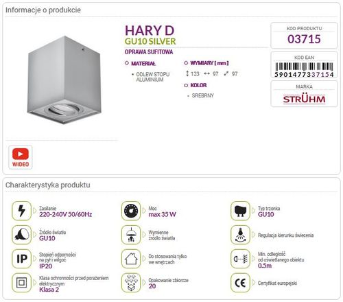 Lampa sufitowa wewnętrzna kwadrat HARY D srebrna GU10 03715 plafon na Arena.pl