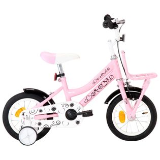 Rower dla dzieci z bagażnikiem, 12 cali, biało-różowy