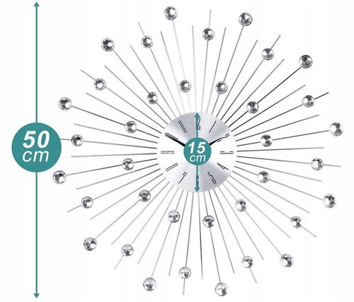 ZEGAR ŚCIENNY KRYSZTAŁKI SREBRNY SŁOŃCE DUŻY STYLOWY NA ŚCIANĘ CRISTAL 50cm na Arena.pl