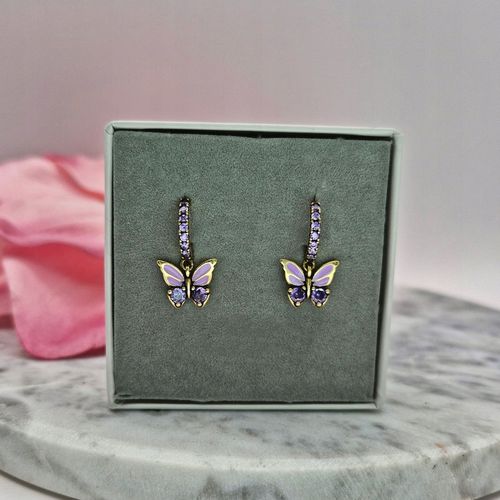 KOLCZYKI SREBRNE ZŁOCONE DZIECIĘCE MOTYLKI WISZĄCE CYRKONIE SREBRO 925 na Arena.pl