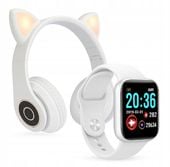 BIAŁY SMARTWATCH + SŁUCHAWKI KOCIE USZY BEZPRZEWODOWE LED