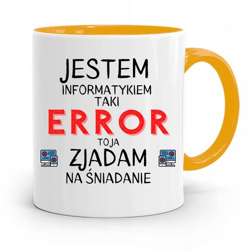 Kubek Żółty Informatyka Programisty Zjadam Error Z Nadrukiem Ze Zdjęciem na Arena.pl