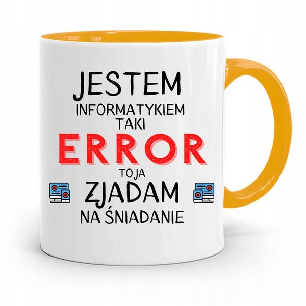 Kubek Żółty Informatyka Programisty Zjadam Error Z Nadrukiem Ze Zdjęciem zdjęcie 1