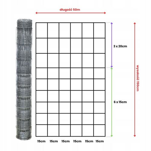 SIATKA LEŚNA 150/10/15 L - rolka 50m OCYNKOWANA do pola sady lasy budowa na Arena.pl