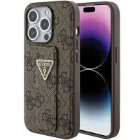 Etui Guess Grip Stand 4G Triangle Strass na iPhone 15 Pro - brązowe
