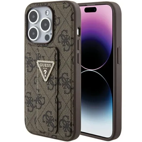 Etui Guess Grip Stand 4G Triangle Strass na iPhone 15 Pro - brązowe na Arena.pl