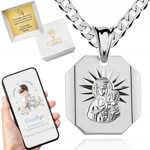 Srebrny łańcuszek 50 cm z medalikiem Matki Boskiej komunijny czy na chrzest na Arena.pl