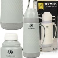 TERMOS ZE SZKLANYM WKŁADEM 0,6L SZARY SZCZELNY NA KAWĘ HERBATĘ DWA KUBKI
