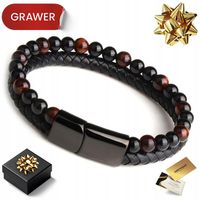 CZARNA SKÓRZANA BRANSOLETKA MĘSKA Z KORALIKAMI GRAWER NA PREZENT DLA