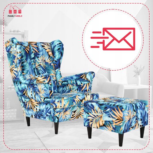 Fotel uszak ARI PRINT z podnóżkiem, skandynawski Family Meble monstera na Arena.pl