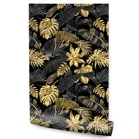 Tapeta Do Salonu Czarno-Złote Liście EGZOTYCZNE Styl Glamour 3D