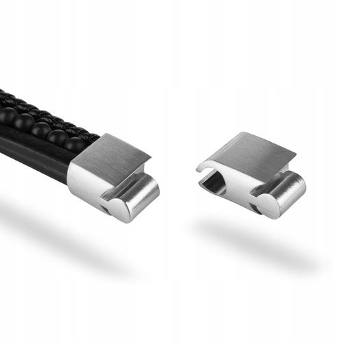 Bransoletka Męska Czarna ze Skóry Srebrna GRAWER Prezent Dla Męża Chłopaka na Arena.pl