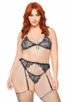plus lace bra top, string and garter belt komplet koronkowy 3-częściowy